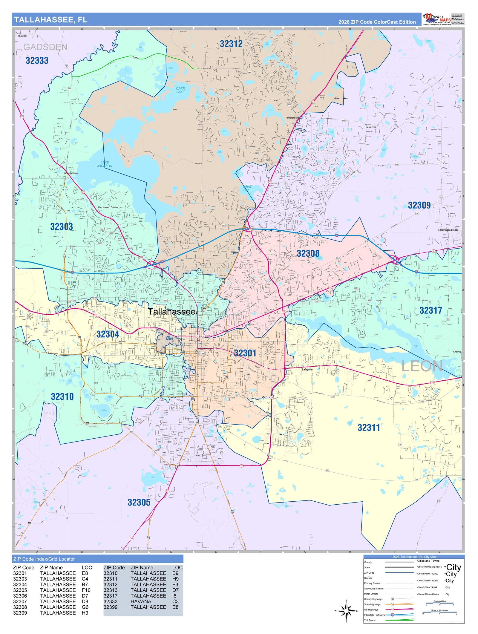 Color Cast Zip Code Style Wall Map of Tallahassee, FL