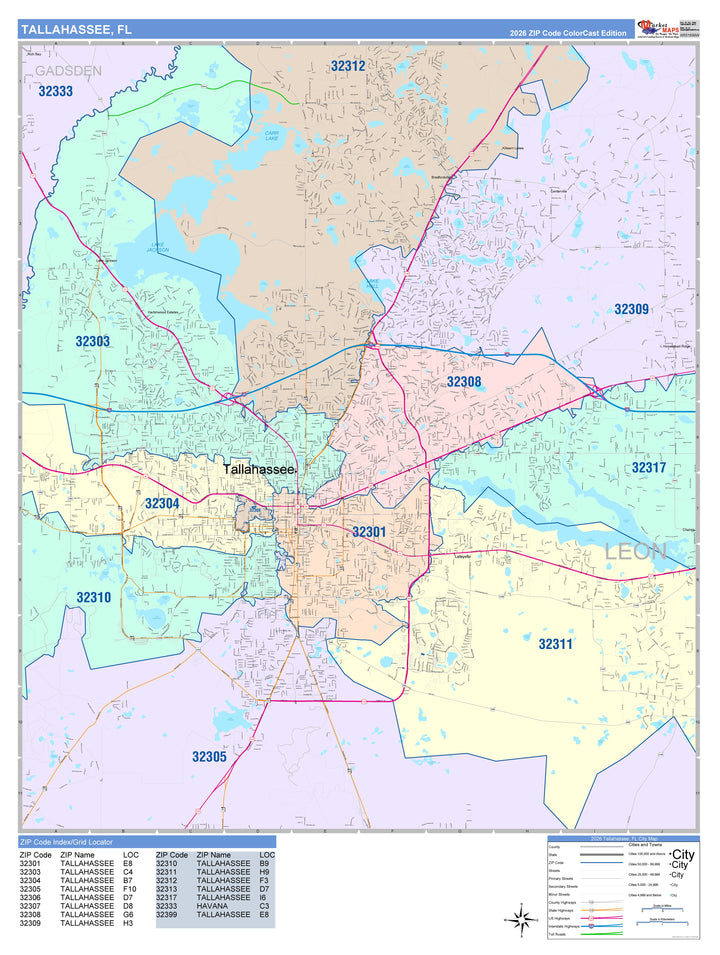 Color Cast Zip Code Style Wall Map of Tallahassee, FL