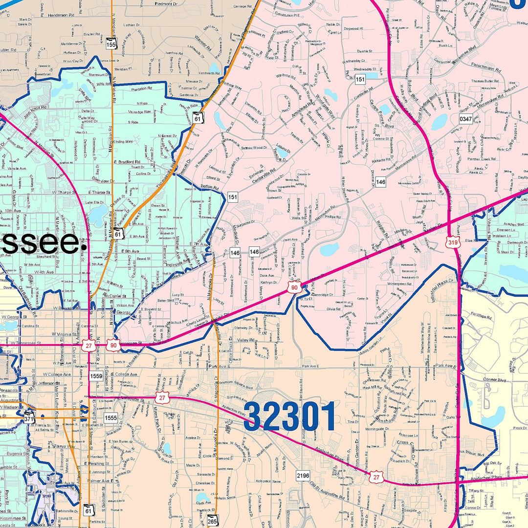 Color Cast Zip Code Style Wall Map of Tallahassee, FL