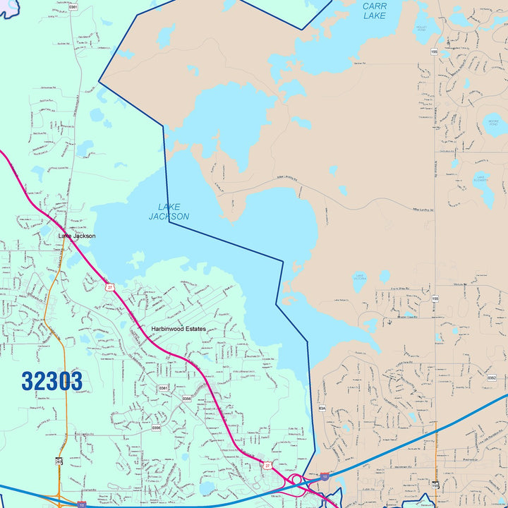 Color Cast Zip Code Style Wall Map of Tallahassee, FL