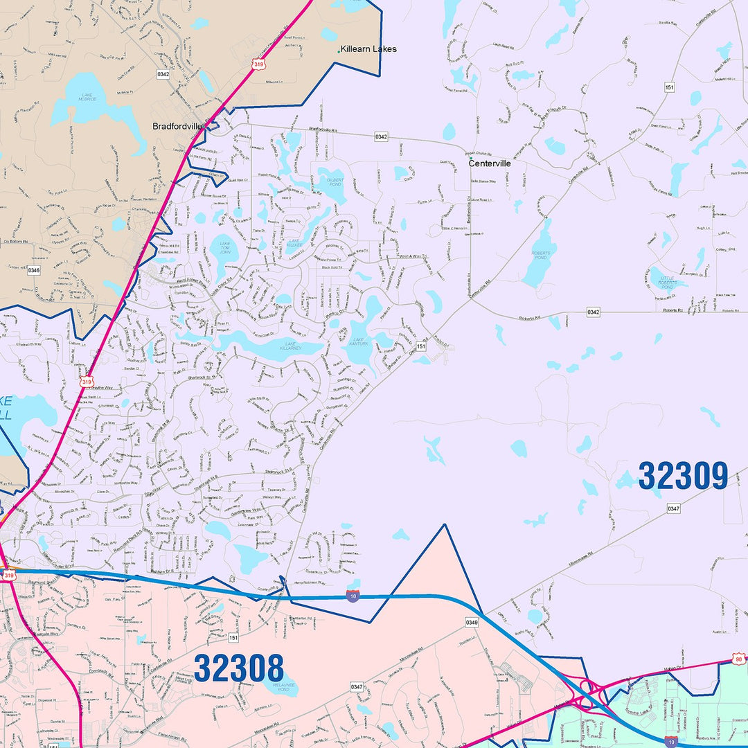 Color Cast Zip Code Style Wall Map of Tallahassee, FL – American Map Store