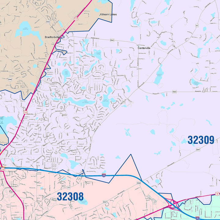 Color Cast Zip Code Style Wall Map of Tallahassee, FL