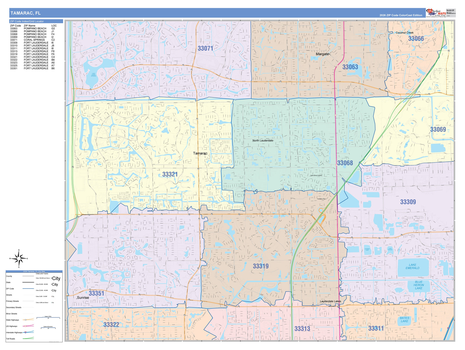 Color Cast Zip Code Style Wall Map of Tamarac, FL