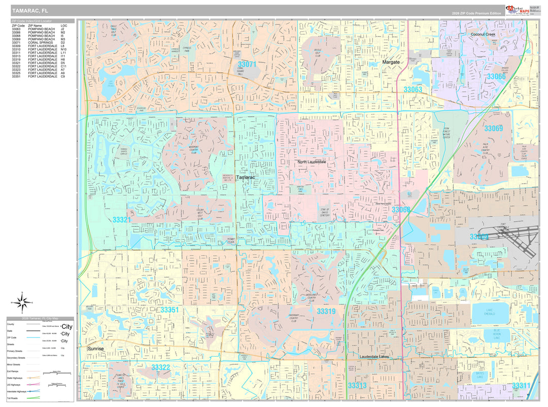 Premium Style Wall Map of Tamarac, FL