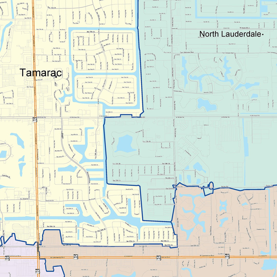 Color Cast Zip Code Style Wall Map of Tamarac, FL