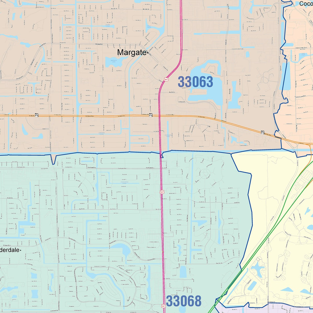 Color Cast Zip Code Style Wall Map of Tamarac, FL