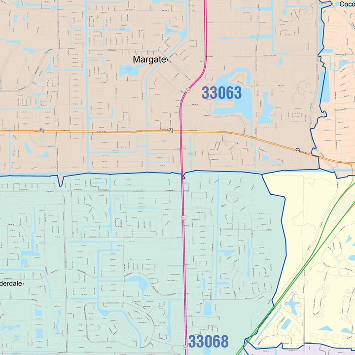 Color Cast Zip Code Style Wall Map of Tamarac, FL