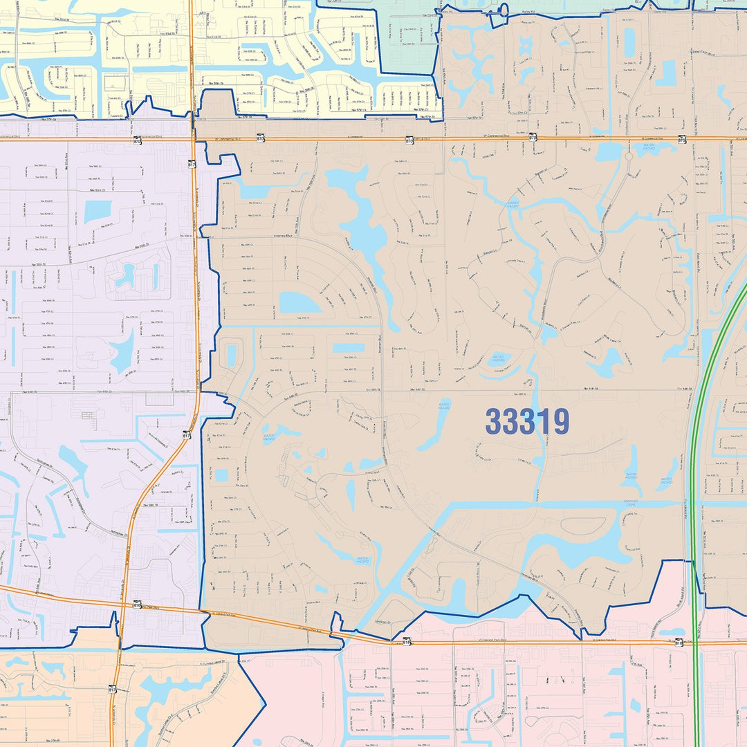 Color Cast Zip Code Style Wall Map of Tamarac, FL
