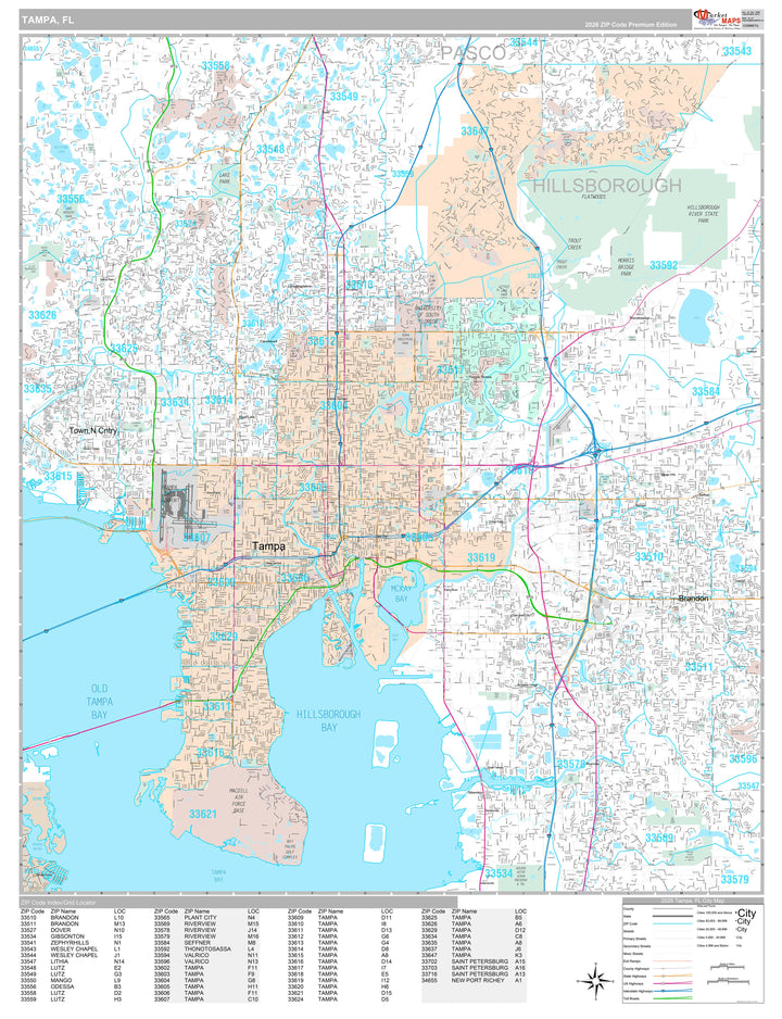Premium Style Wall Map of Tampa FL.