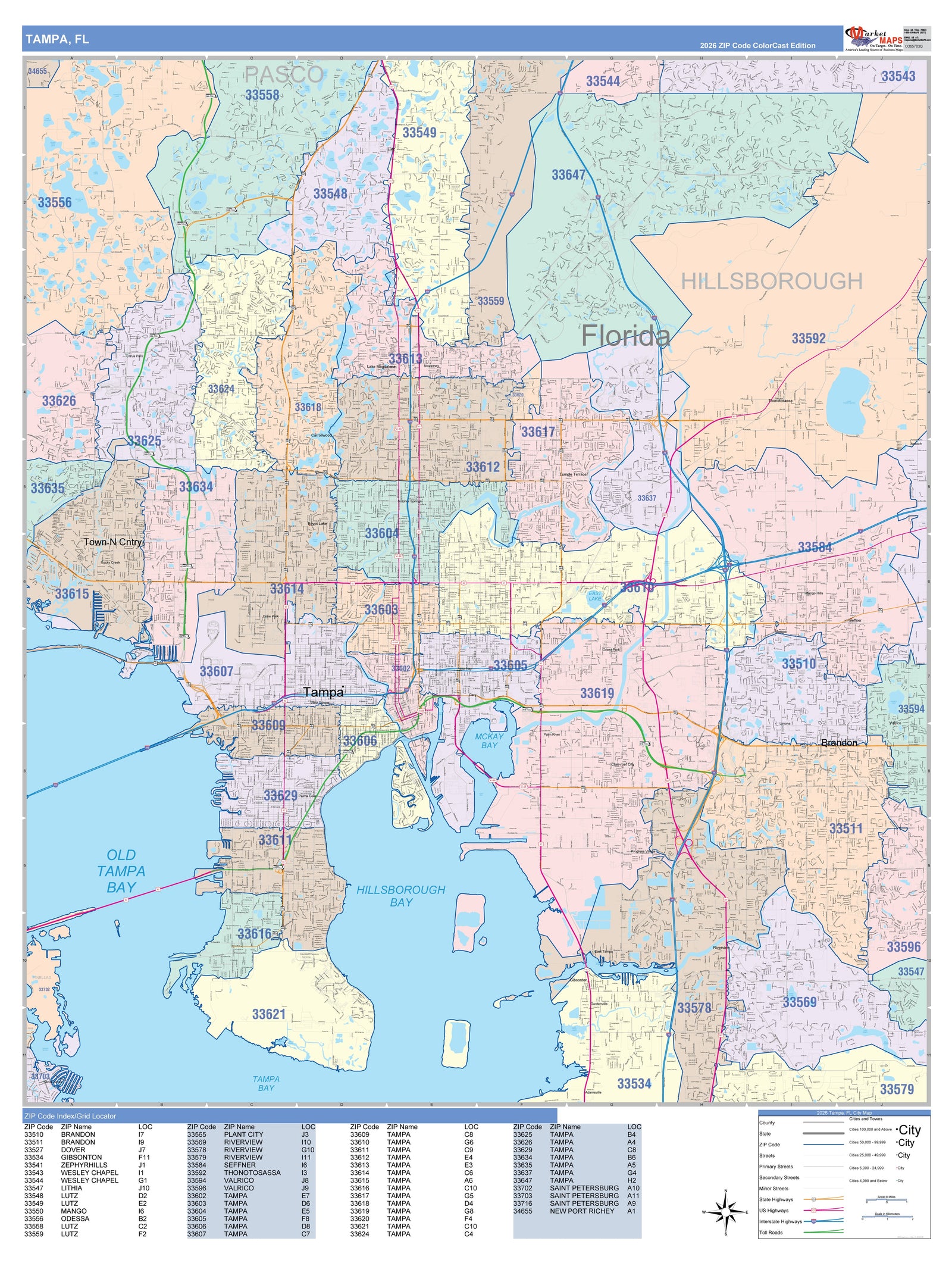 Colorcast Zip Code Style Wall Map of Tampa FL