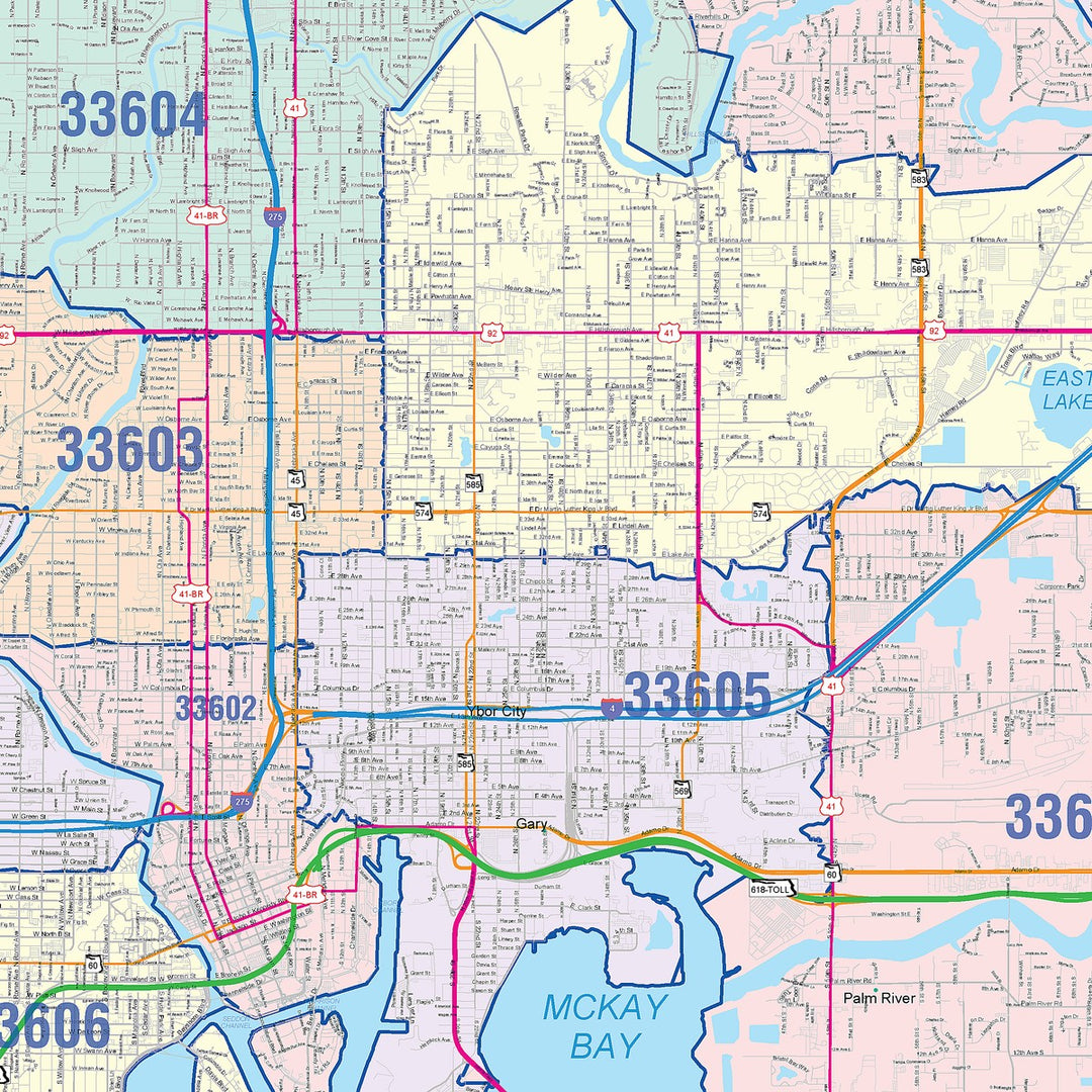 Colorcast Zip Code Style Wall Map of Tampa, FL – American Map Store
