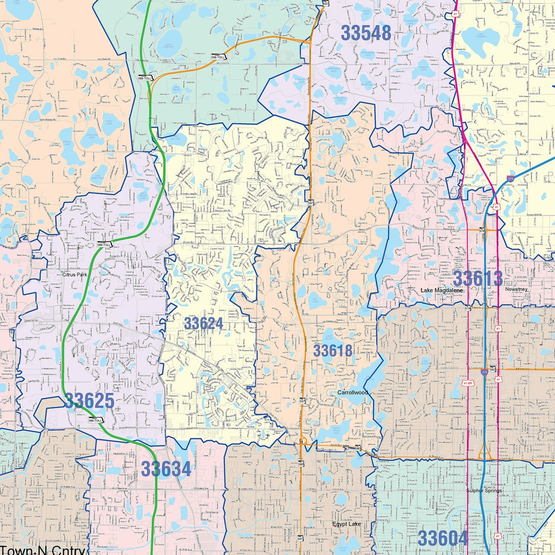Colorcast Zip Code Style Wall Map of Tampa, FL – American Map Store