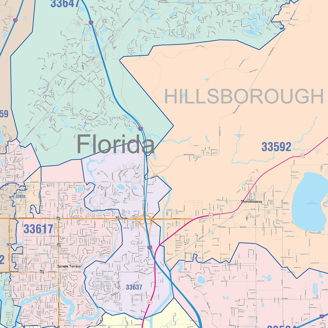 Colorcast Zip Code Style Wall Map of Tampa, FL – American Map Store