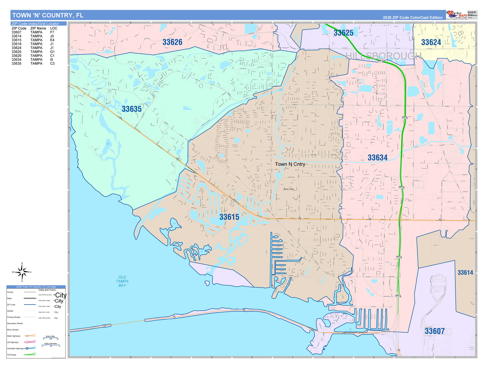 Color Cast Zip Code Style Wall Map of Town n Country, FL