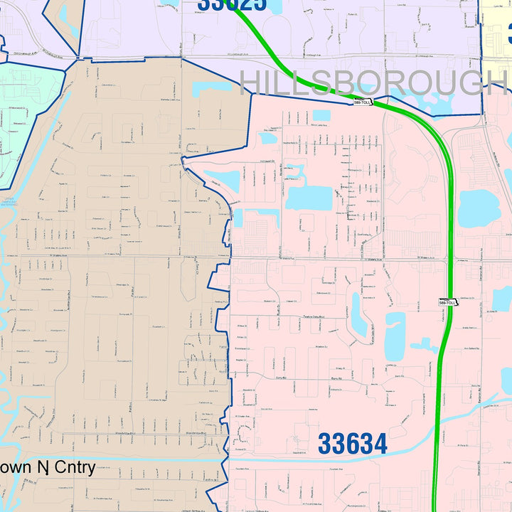 Color Cast Zip Code Style Wall Map of Town n Country, FL