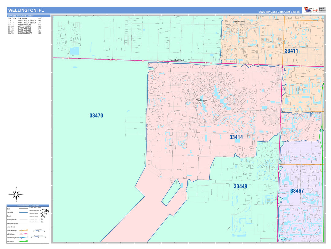 Color Cast Zip Code Style Wall Map of Wellington, FL