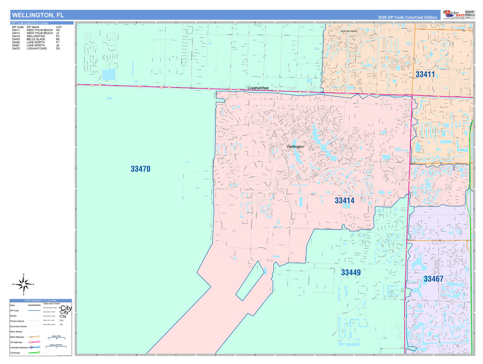 Color Cast Zip Code Style Wall Map of Wellington, FL