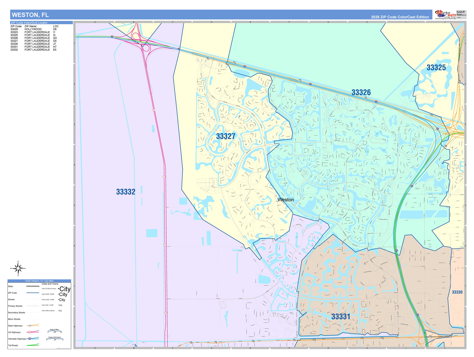 Color Cast Zip Code Style Wall Map of Weston, FL