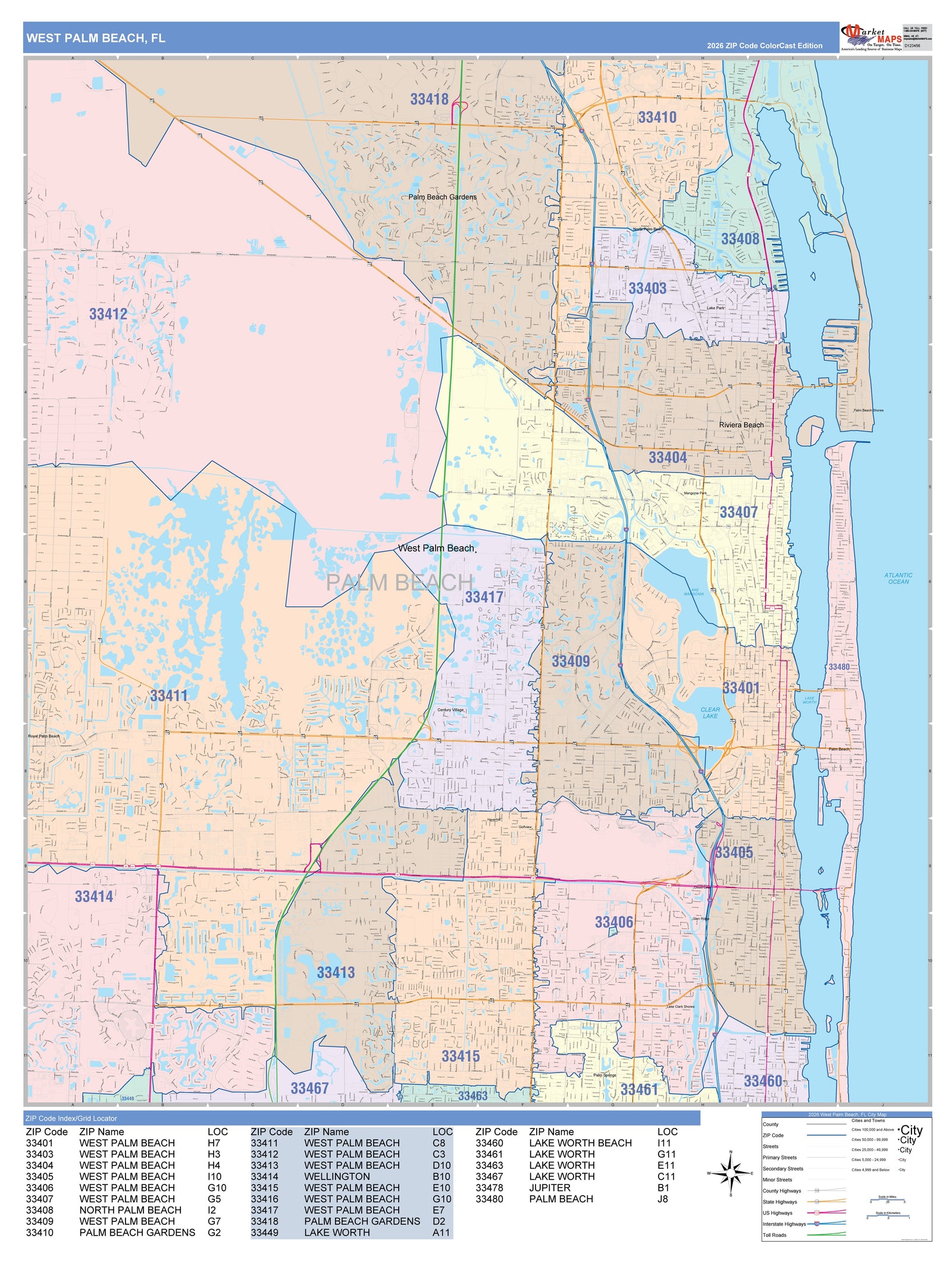 Color Cast Zip Code Style Wall Map of West Palm Beach, FL