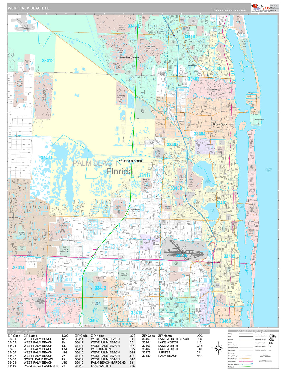 Premium Style Wall Map of West Palm Beach, FL