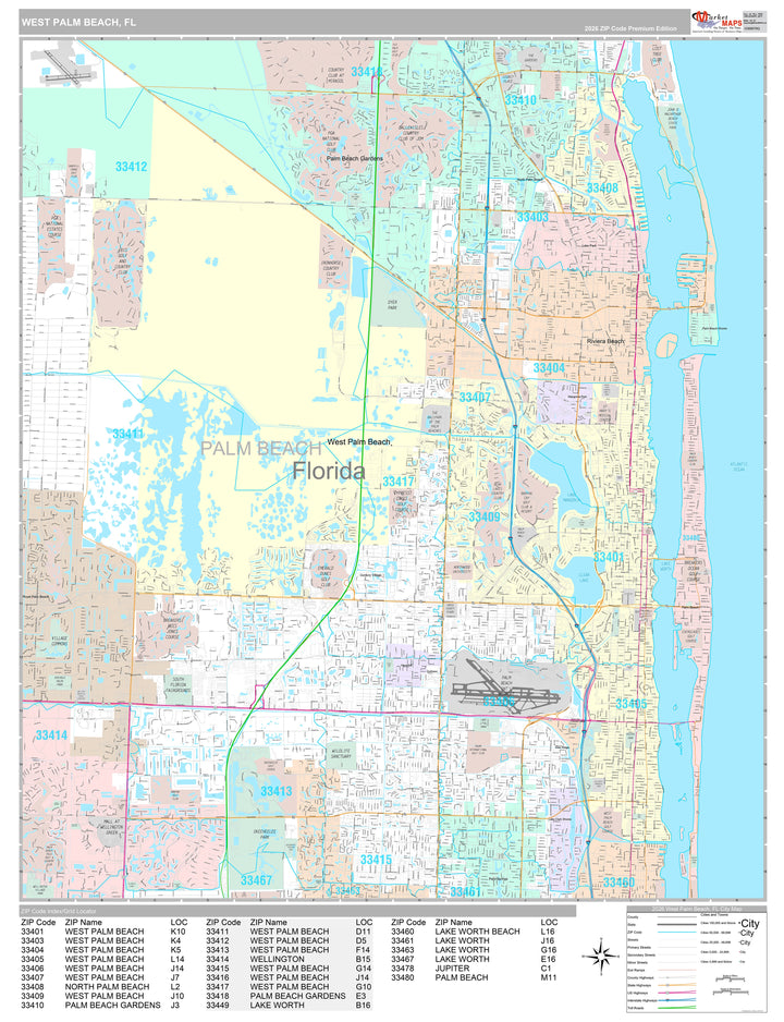 Premium Style Wall Map of West Palm Beach, FL