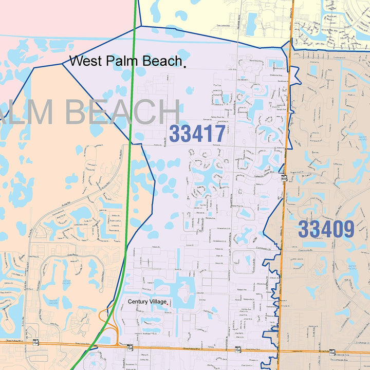 Color Cast Zip Code Style Wall Map of West Palm Beach, FL