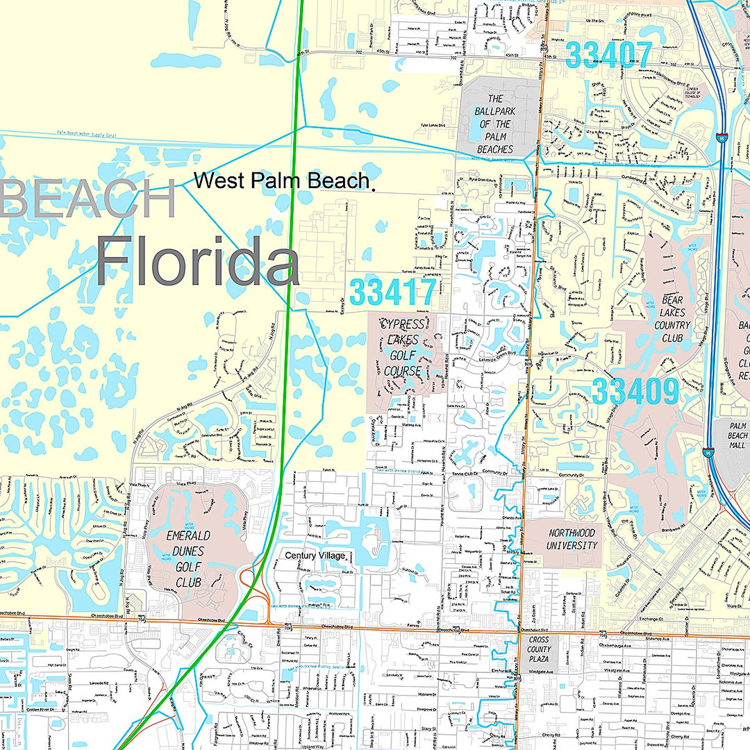 Premium Style Wall Map of West Palm Beach, FL