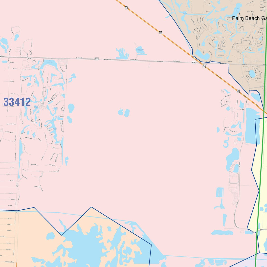 Color Cast Zip Code Style Wall Map of West Palm Beach, FL