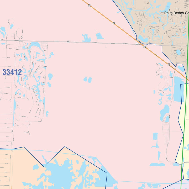 Color Cast Zip Code Style Wall Map of West Palm Beach, FL