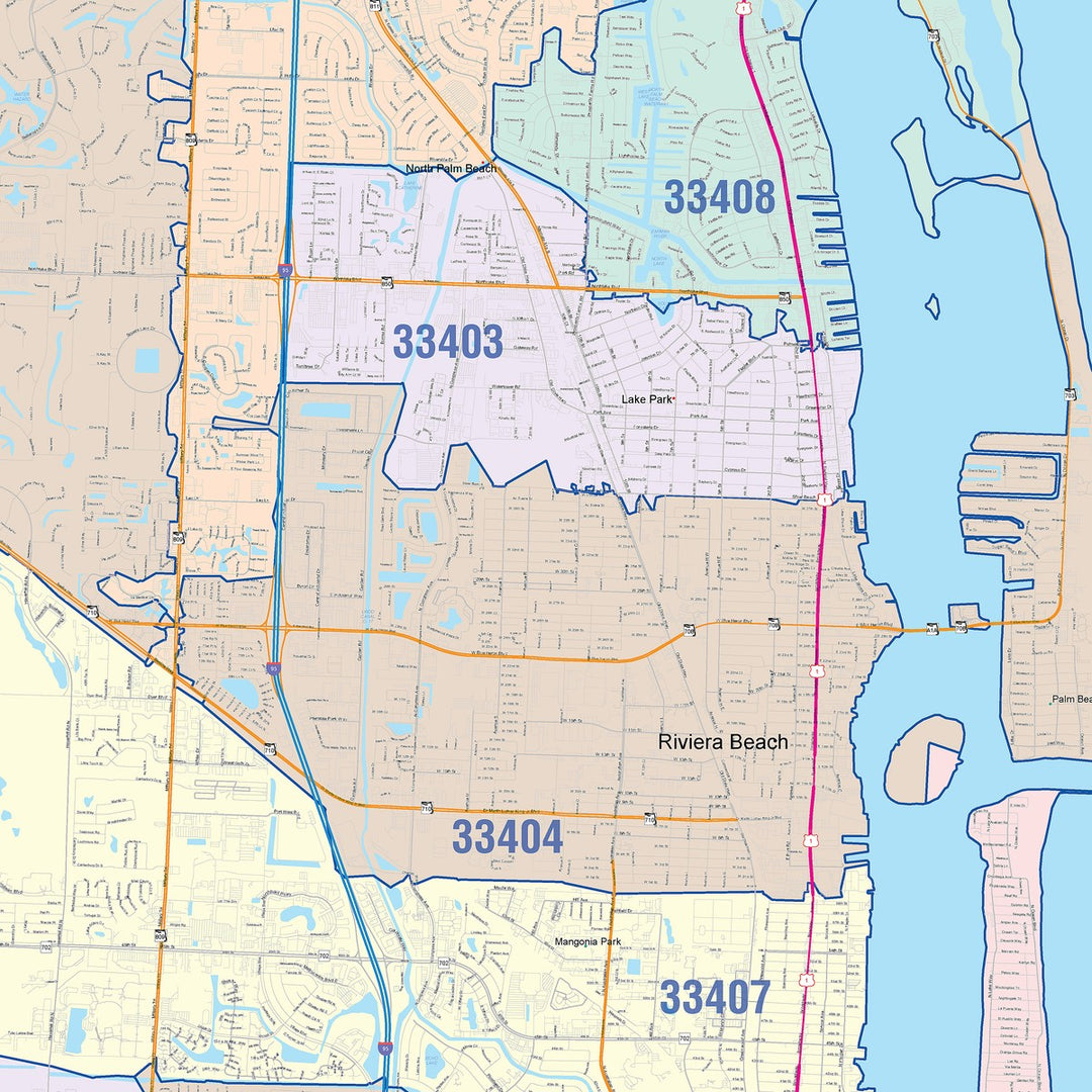 Color Cast Zip Code Style Wall Map of West Palm Beach, FL