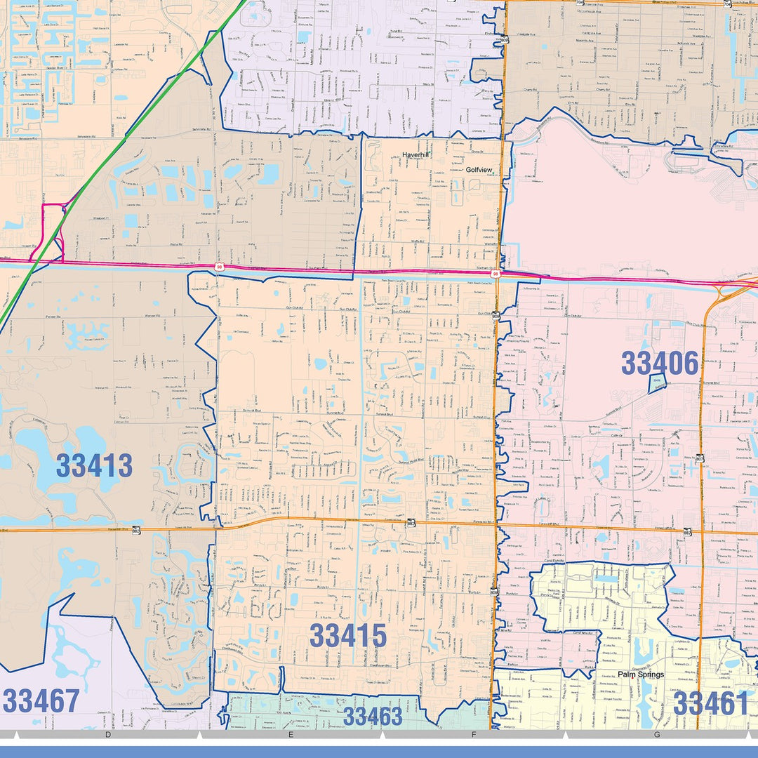 Color Cast Zip Code Style Wall Map of West Palm Beach, FL