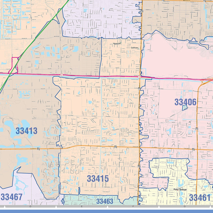 Color Cast Zip Code Style Wall Map of West Palm Beach, FL