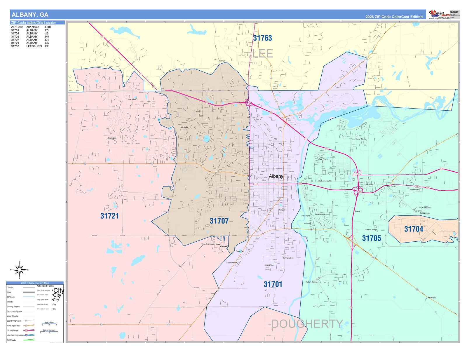 Color Cast Zip Code Style Wall Map of Albany, GA