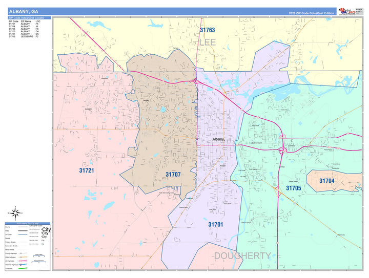 Color Cast Zip Code Style Wall Map of Albany, GA