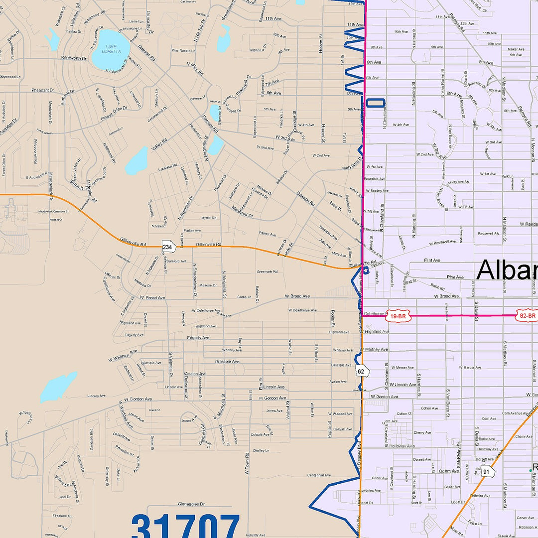 Color Cast Zip Code Style Wall Map of Albany, GA