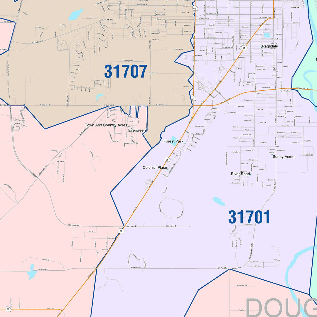 Color Cast Zip Code Style Wall Map of Albany, GA