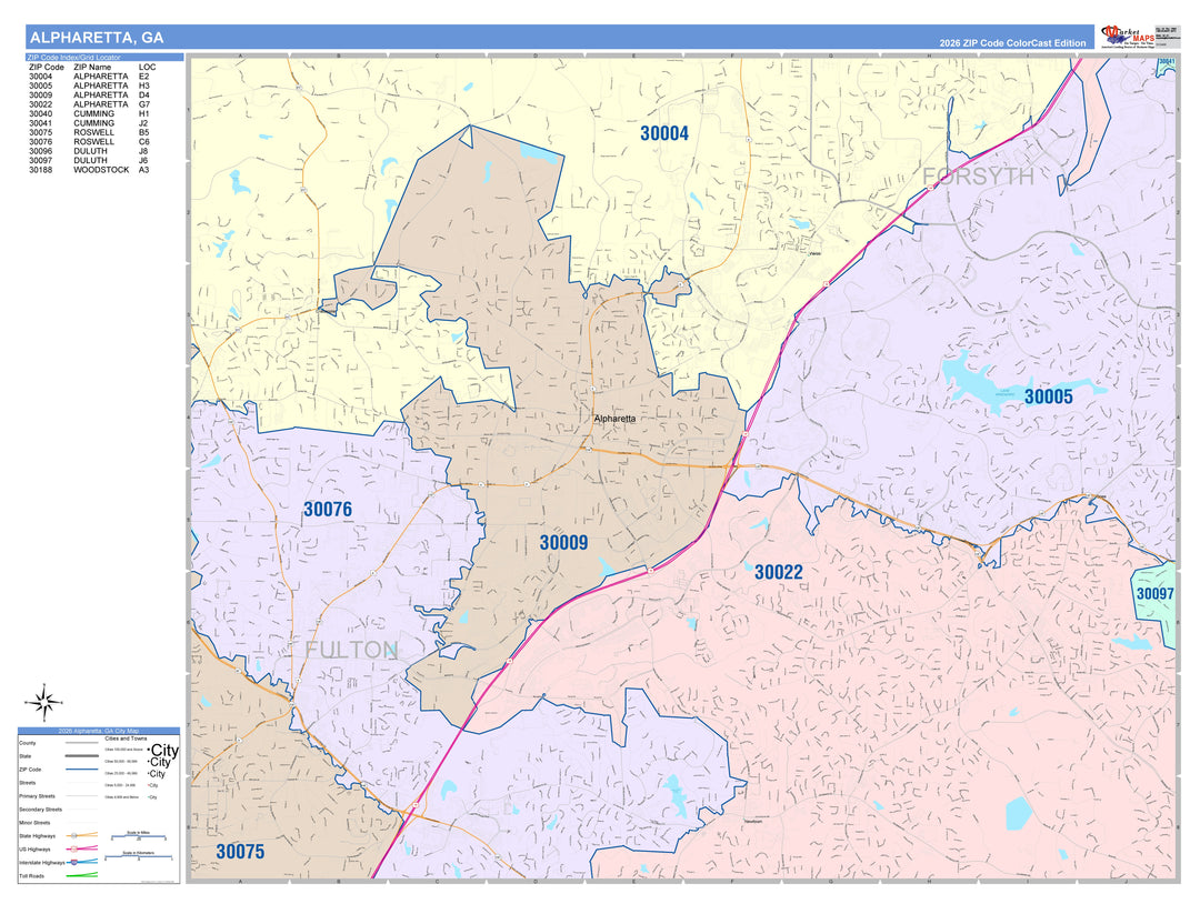 Color Cast Zip Code Style Wall Map of Alpharetta, GA