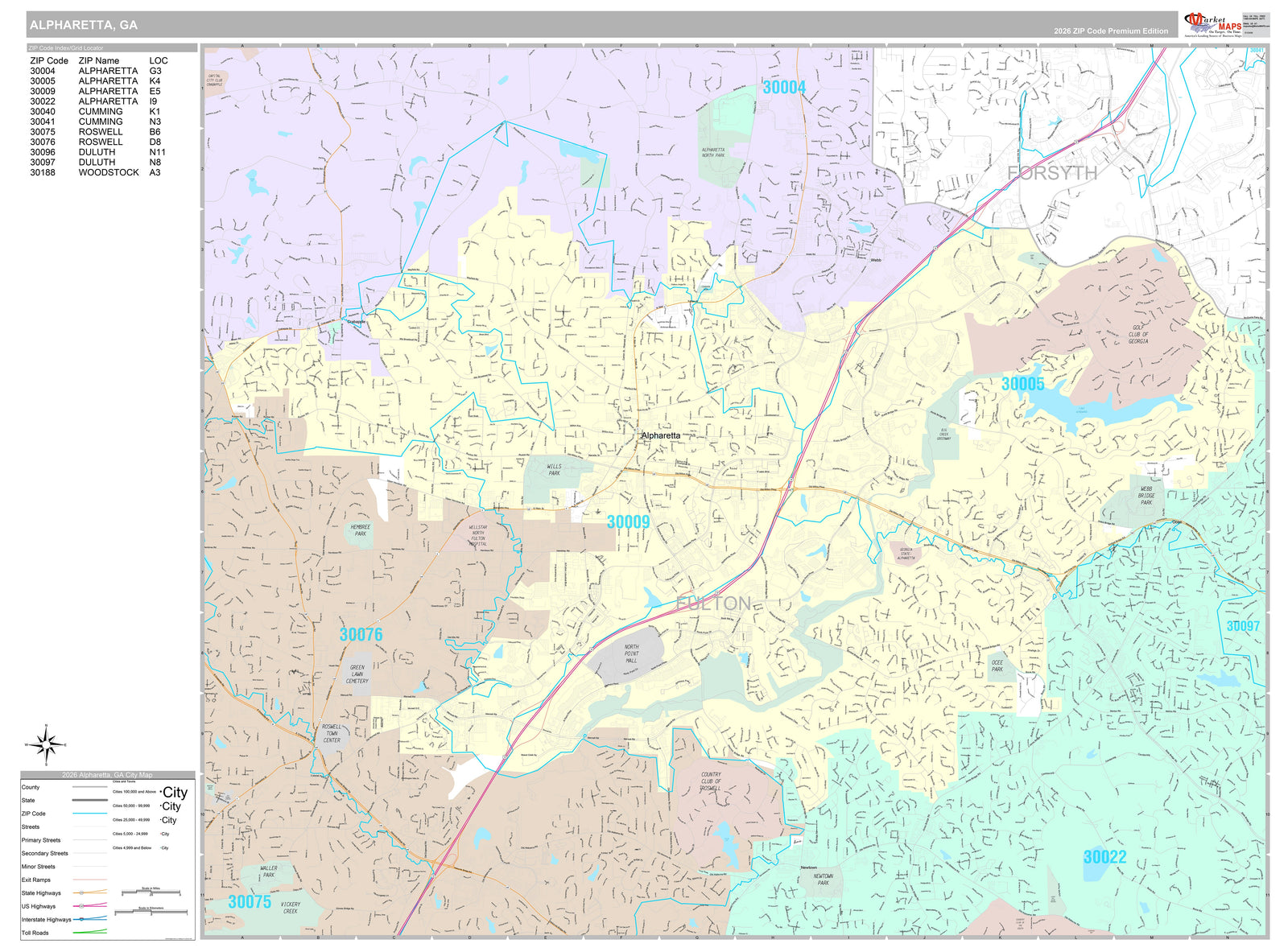 Premium Style Wall Map of Alpharetta, GA