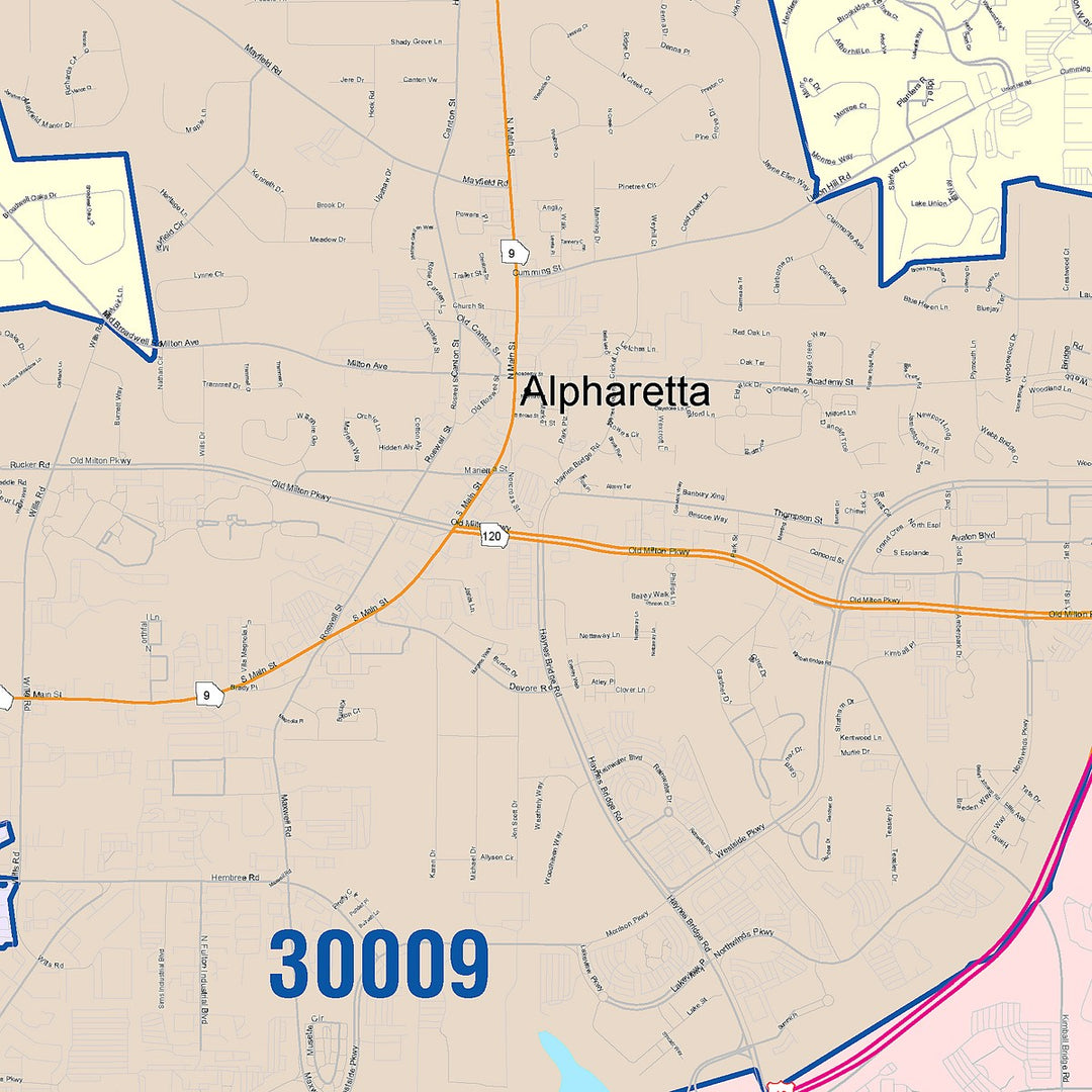 Color Cast Zip Code Style Wall Map of Alpharetta, GA