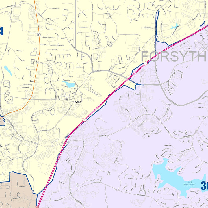 Color Cast Zip Code Style Wall Map of Alpharetta, GA