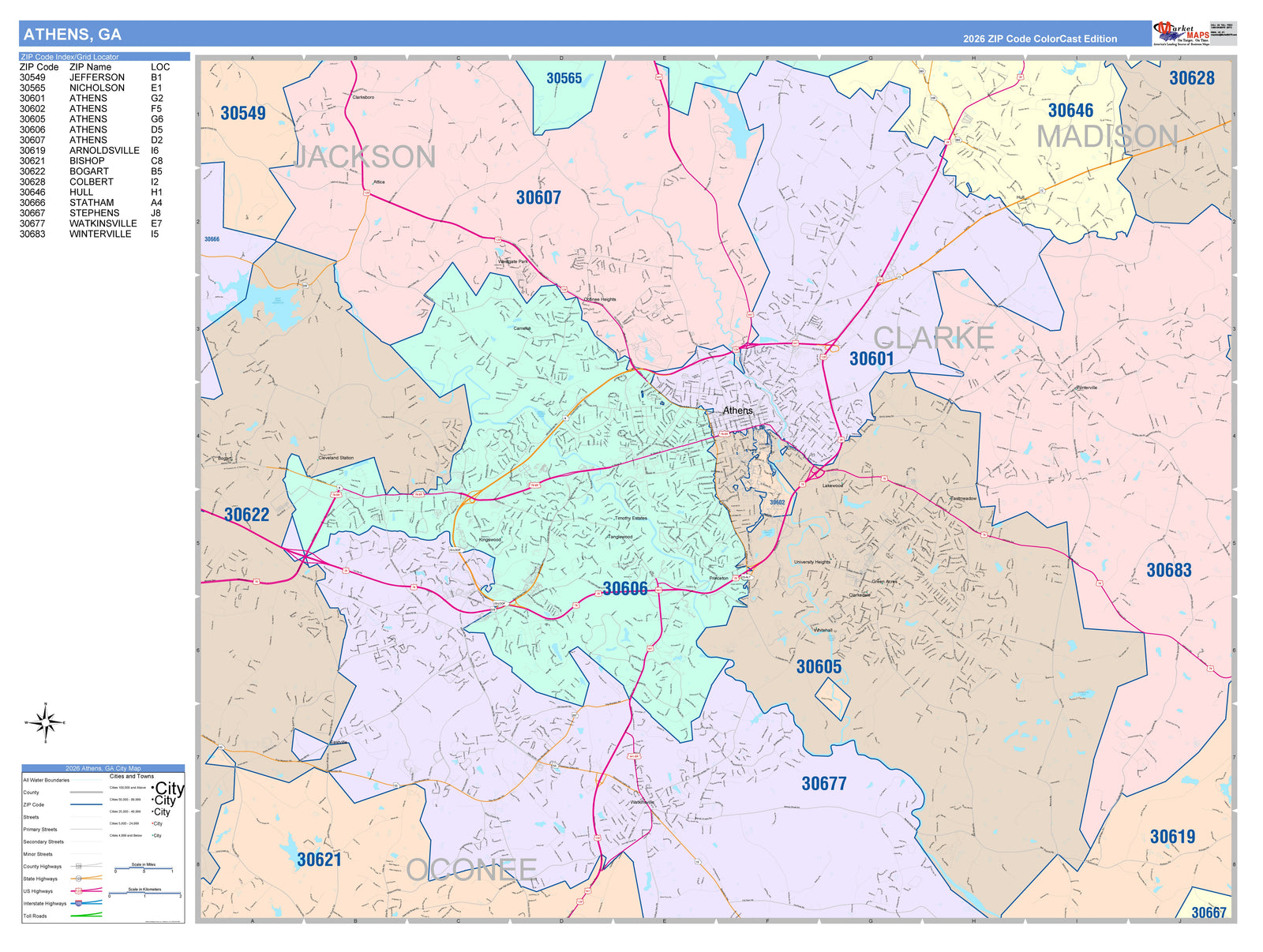 Color Cast Zip Code Style Wall Map of Athens, GA