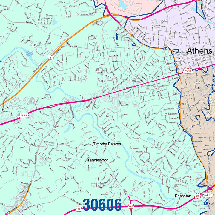 Color Cast Zip Code Style Wall Map of Athens, GA