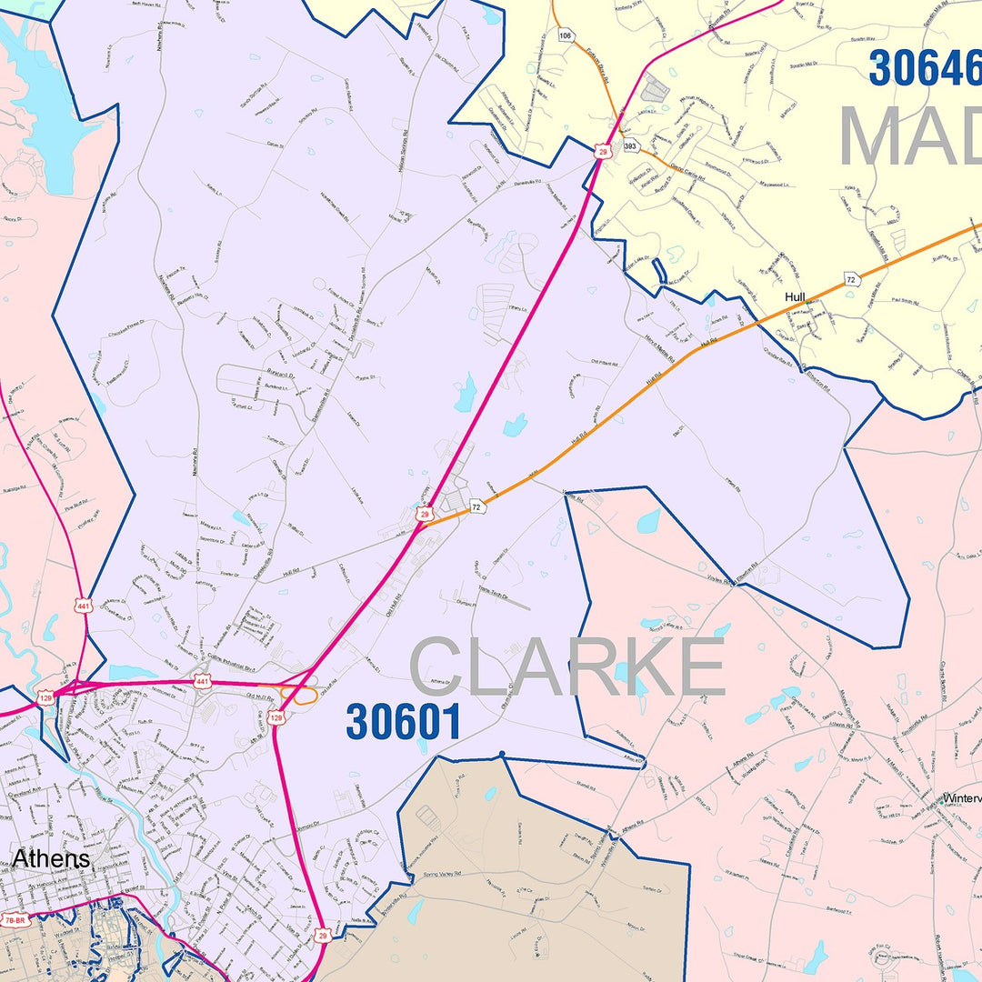Color Cast Zip Code Style Wall Map of Athens, GA