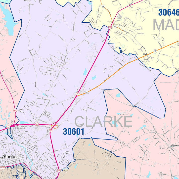 Color Cast Zip Code Style Wall Map of Athens, GA