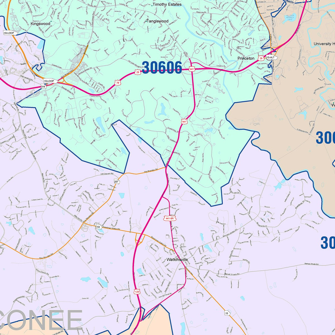 Color Cast Zip Code Style Wall Map of Athens, GA