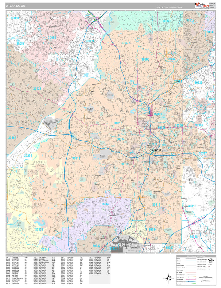 Premium Style Wall Map of Atlanta GA