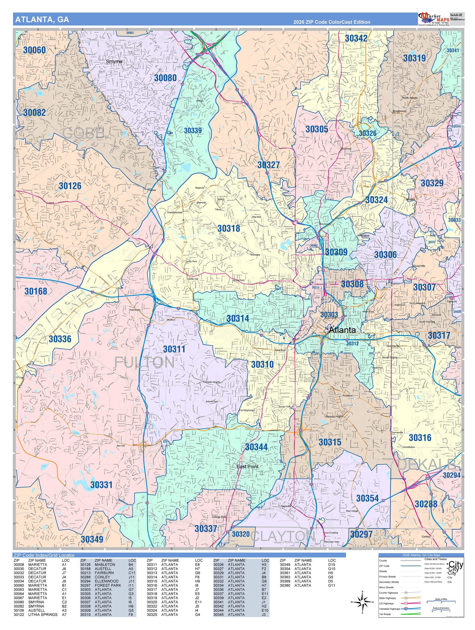 Color Cast Zip Code Style Wall Map of Atlanta GA