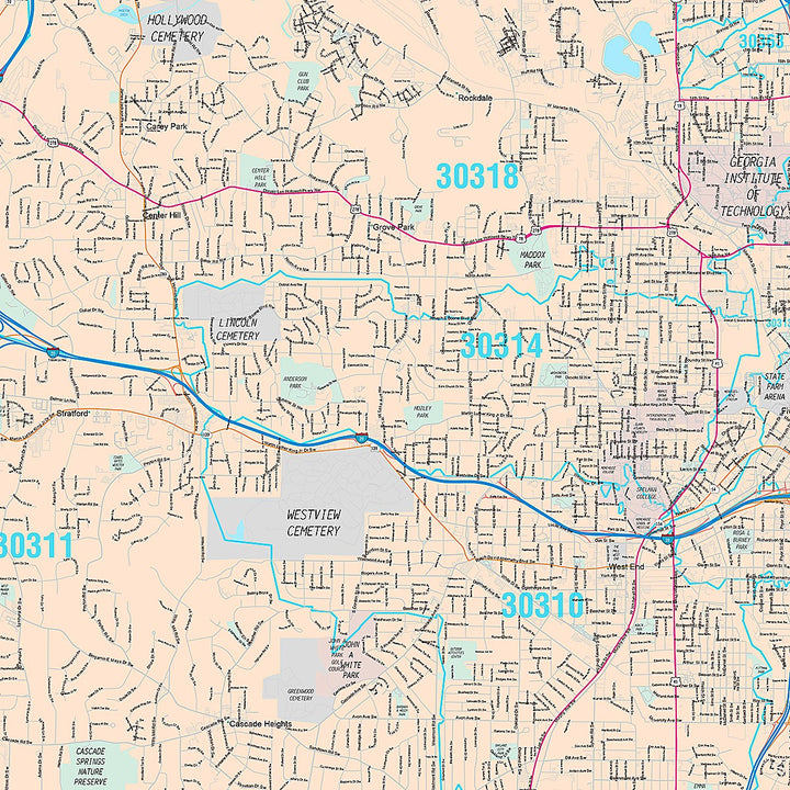 Premium Style Wall Map of Atlanta GA