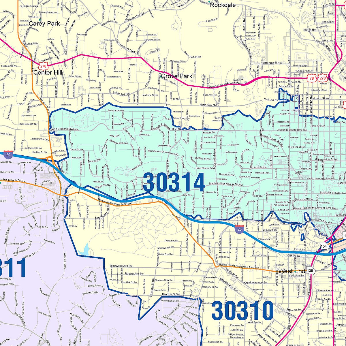 Color Cast Zip Code Style Wall Map of Atlanta, GA – American Map Store