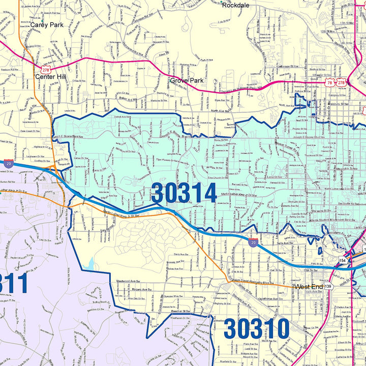 Color Cast Zip Code Style Wall Map of Atlanta, GA – American Map Store